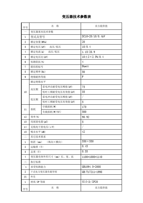 干式变压器选型表