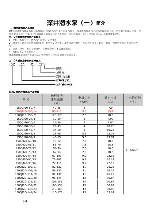 深井潜水泵简介及型号规格表