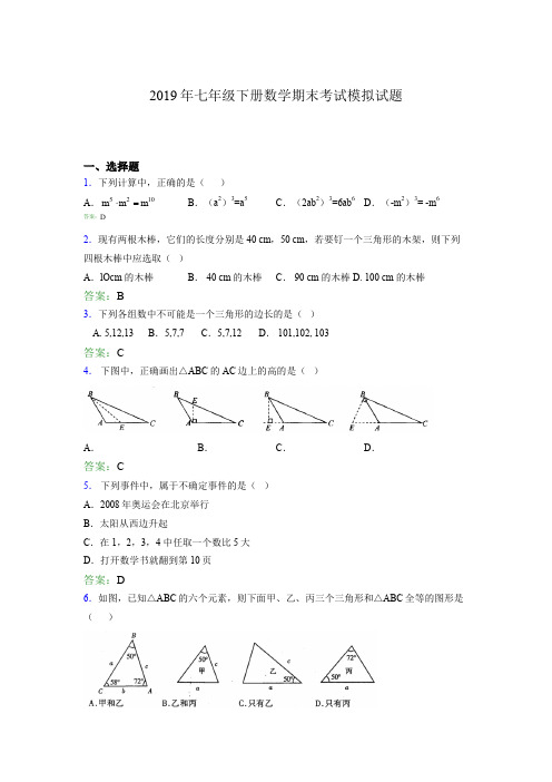 2019年七年级下册数学期末考试模拟试题HJ