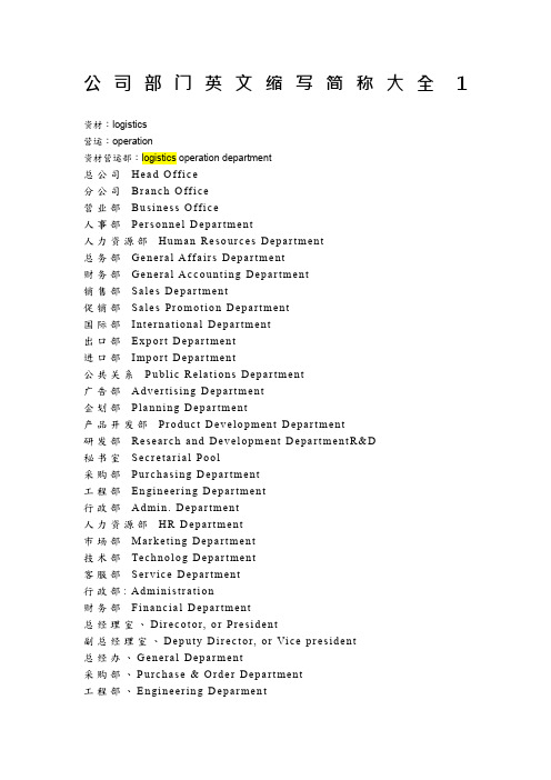 公司部门英文缩写简称大全