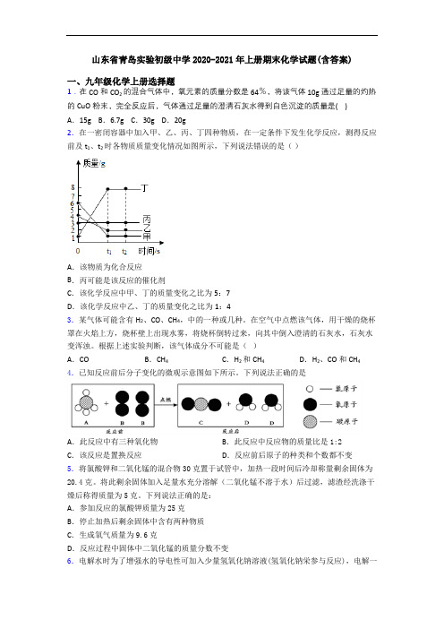 山东省青岛实验初级中学2020-2021年初三化学上册期末化学试题(含答案)