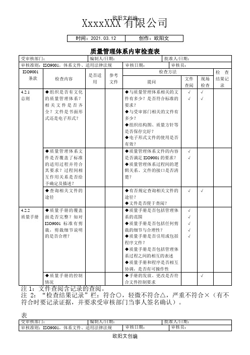 iso9000内审检查表全套之欧阳文创编