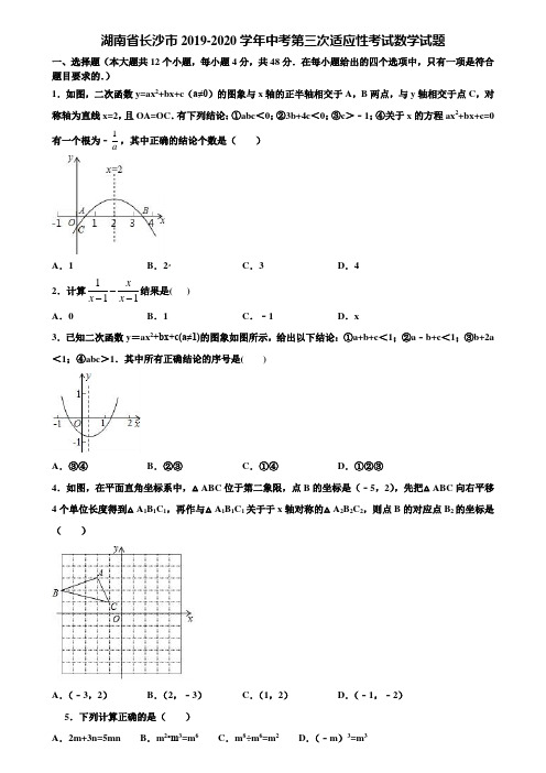 湖南省长沙市2019-2020学年中考第三次适应性考试数学试题含解析