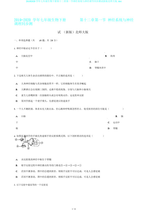 20192020学年七年级生物下册第十二章第一节神经系统与神经调节同步测试新版北师大版.doc