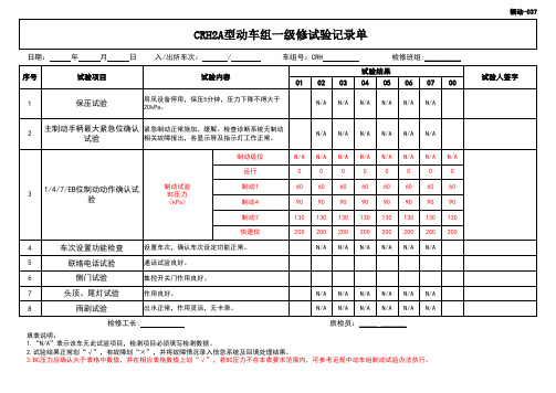 CRH2A型动车组一级检修试验单