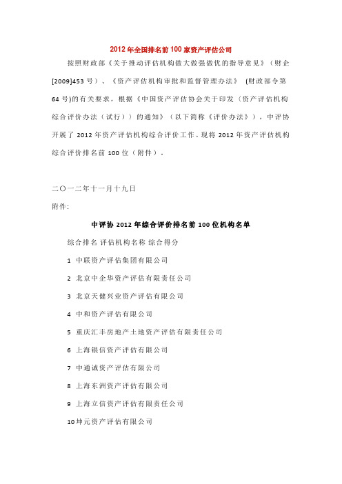 2012年全国排名前100家资产评估公司