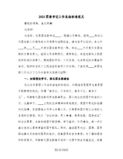 2023团委书记工作总结标准范文(二篇)