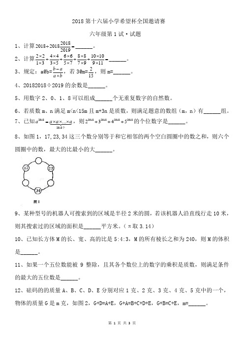 六年级下册数学试题 - 2018第十六届小学希望杯全国邀请赛六年级第1试(无答案)