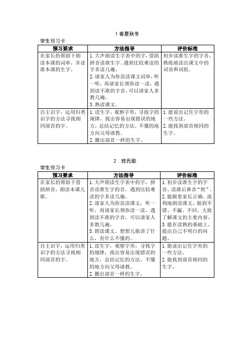 部编版一年级语文下册预习单