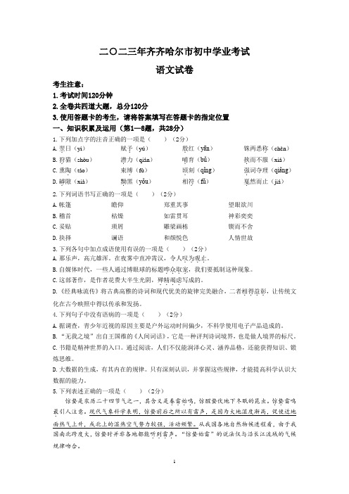 2023年黑龙江省齐齐哈尔市语文中考真题试卷(含答案)