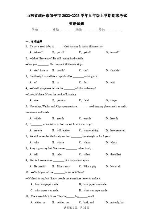 山东省滨州市邹平市2022-2023学年九年级上学期期末考试英语试题