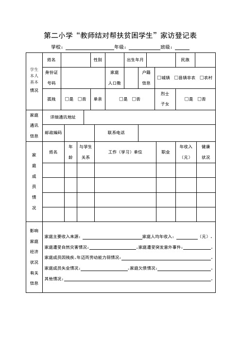 第二小学”教师结对帮扶贫困学生“家访登记表