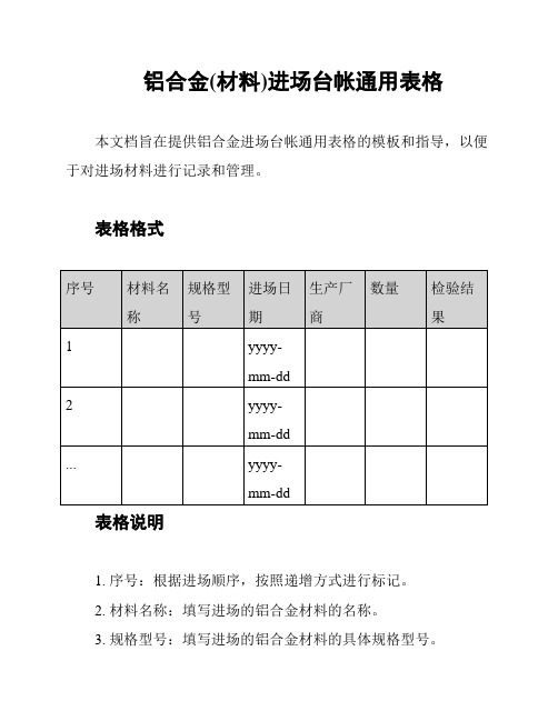 铝合金(材料)进场台帐通用表格