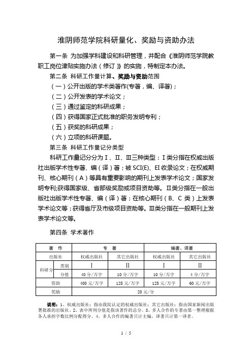 淮阴师范科研量化、奖励与资助办法