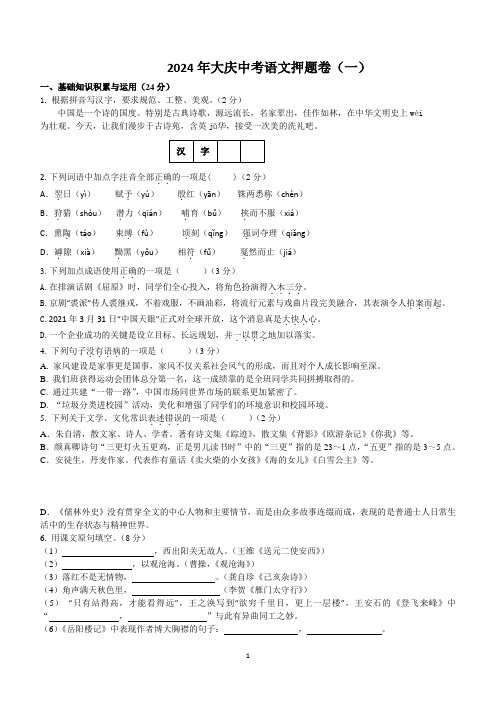 2024年黑龙江省大庆市中考语文押题卷(一)(含答案)