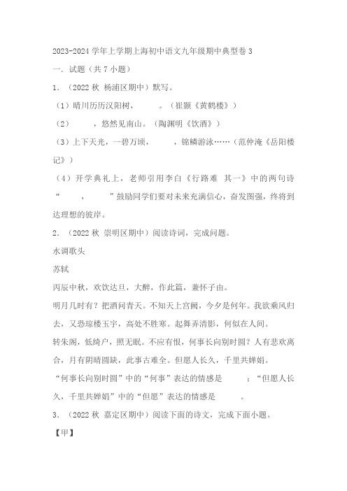 2023-2024学年上学期上海初中语文九年级期中典型卷 (1)(含解析)