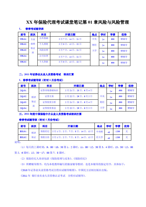 XX年保险代理考试课堂笔记第01章风险与风险管理