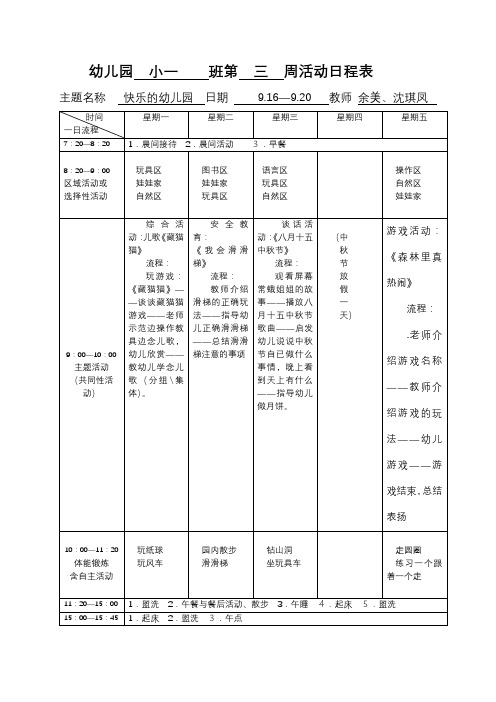 幼儿园小一班第三周活动日程表【模板】