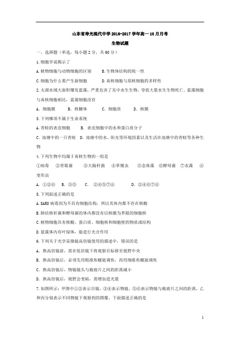 山东省2016-2017学年高一10月月考生物试题
