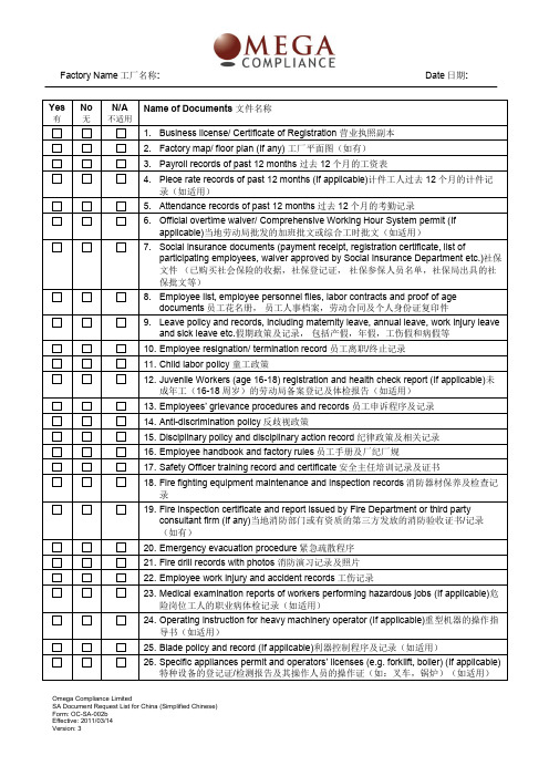 OMEGA 社会责任人权验厂评估文件清单