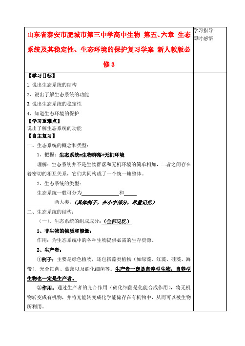 山东省泰安市肥城市第三中学高中生物 第五、六章 生态系统及其稳定性、生态环境的保护复习学案 新人