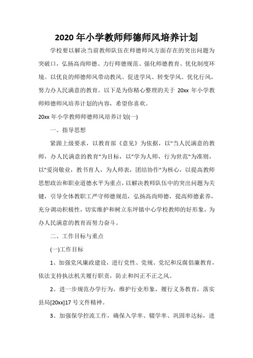  2020年小学教师师德师风培养计划