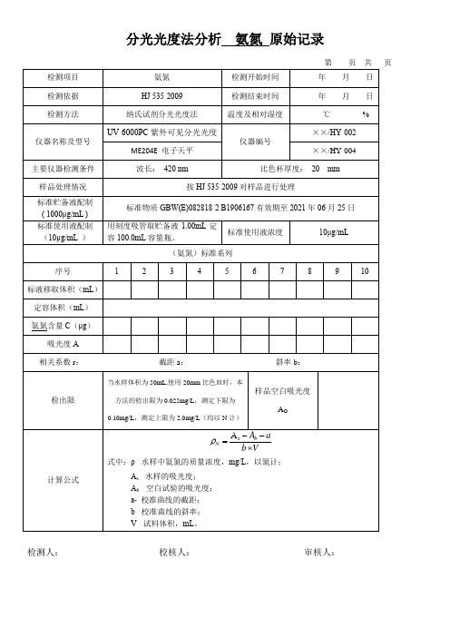 分光光度法分析  氨氮 原始记录