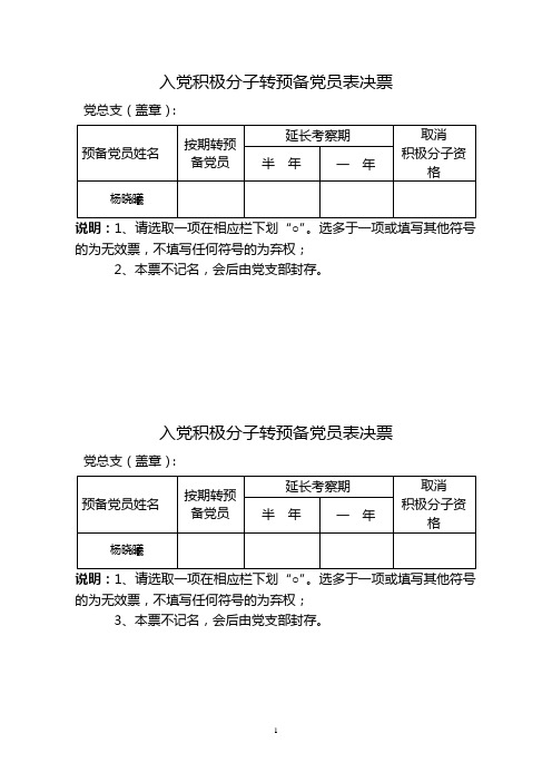 积极分子预备党员表决票