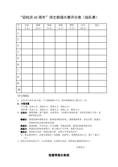 诗歌朗诵大赛组队评分表