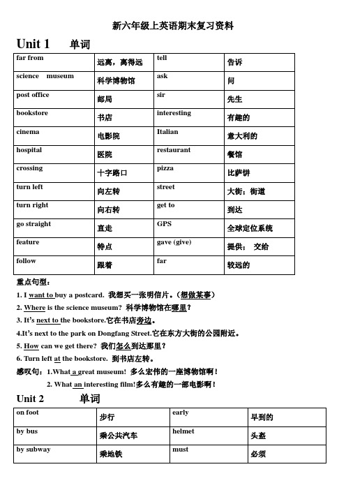 新版PEP六年级英语上册复习资料+练习题