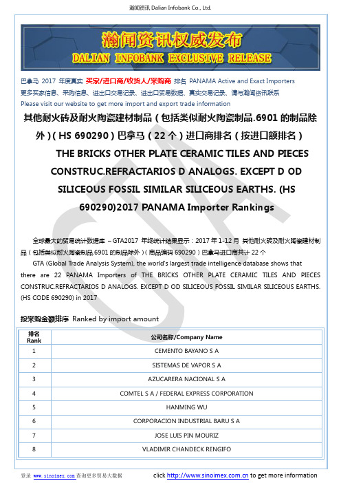 其他耐火砖及耐火陶瓷建材制品(包括类似耐…(HS 690290)2017 巴拿