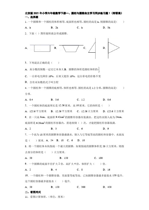 北京版2021年小学六年级数学下册一、圆柱与圆锥自主学习同步练习题2(附答案)