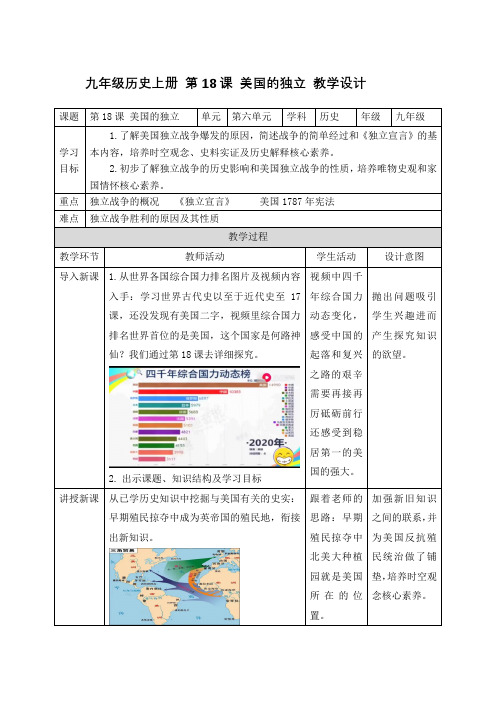 历史人教版九年级上册(2018年新编)第18课  美国的独立(教学设计)