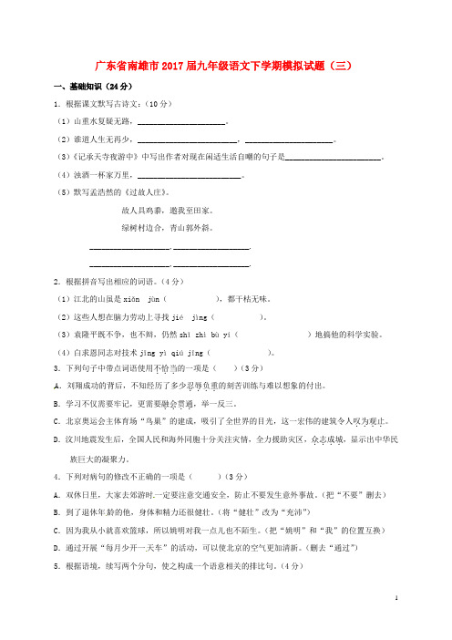 广东省南雄市九年级语文下学期模拟试题(三)