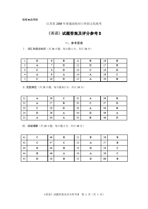 江苏省2009年普通高校单独招生统一考试 英语B答案