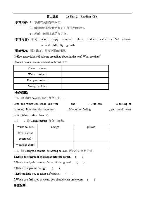 江苏省江阴市南闸实验学校九年级英语上册牛津译林版《Unit 2 Colors Reading(1)》导学案(无答案)