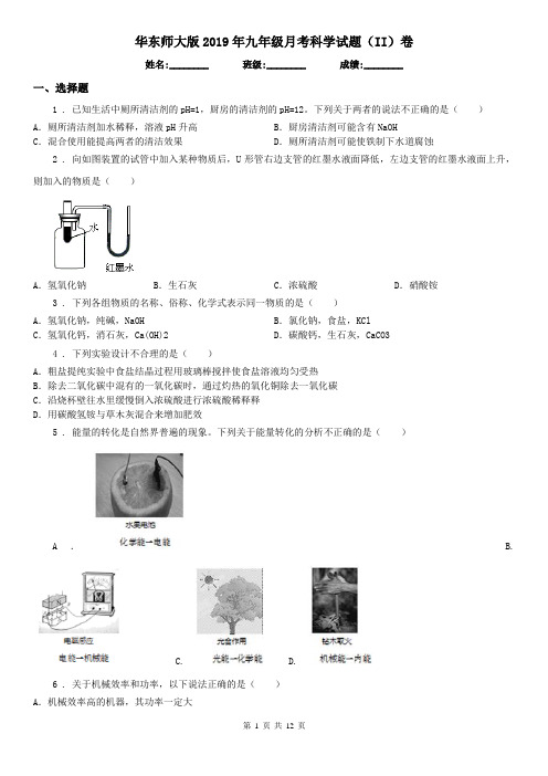 华东师大版2019年九年级月考科学试题(II)卷