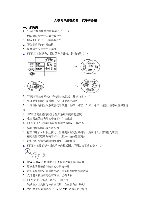 人教高中生物必修一试卷和答案