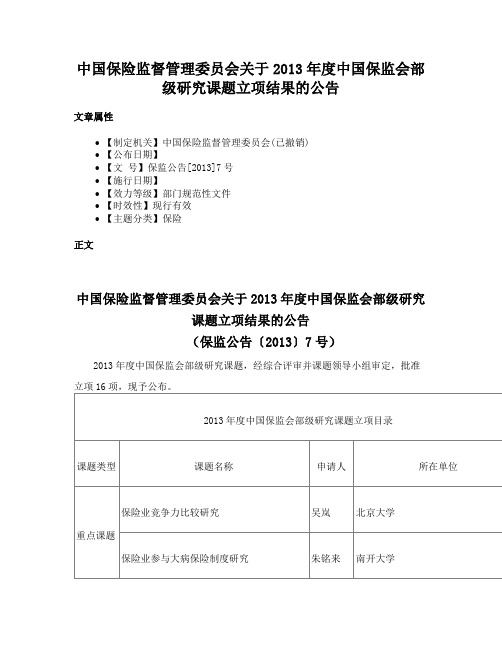 中国保险监督管理委员会关于2013年度中国保监会部级研究课题立项结果的公告