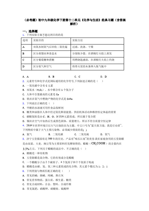 (必考题)初中九年级化学下册第十二单元《化学与生活》经典习题(含答案解析)