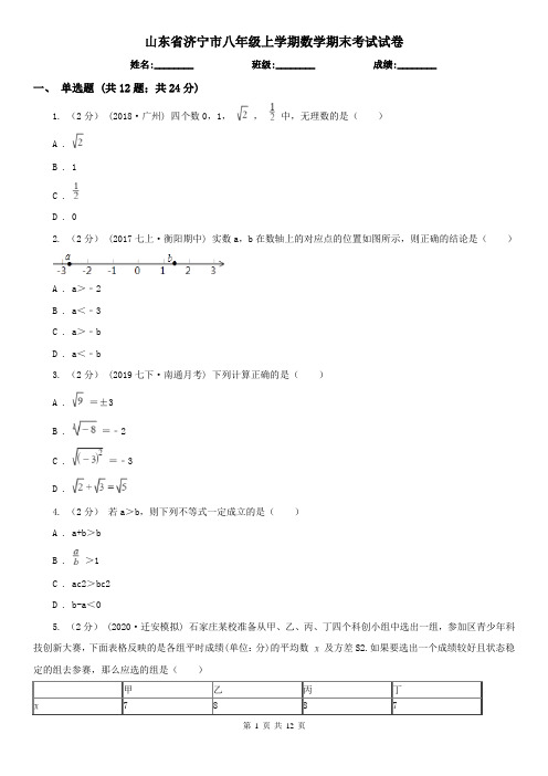 山东省济宁市八年级上学期数学期末考试试卷