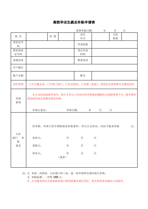 高校毕业生就业补贴申请表