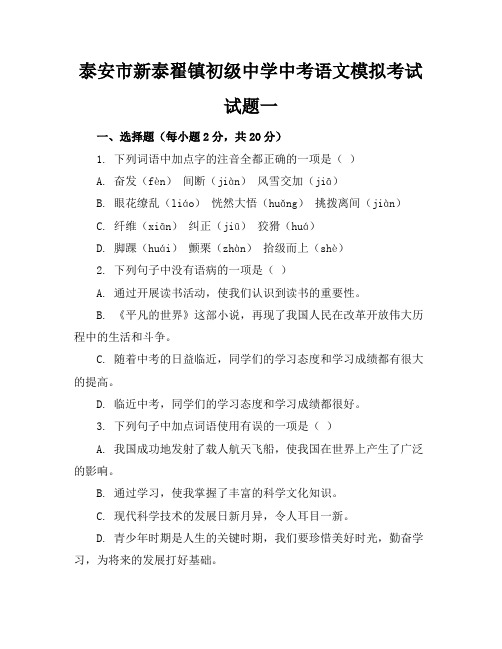 泰安市新泰翟镇初级中学中考语文模拟考试试题一