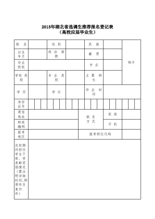 2013年湖北省选调生推荐报名登记表(高校应届毕业生)