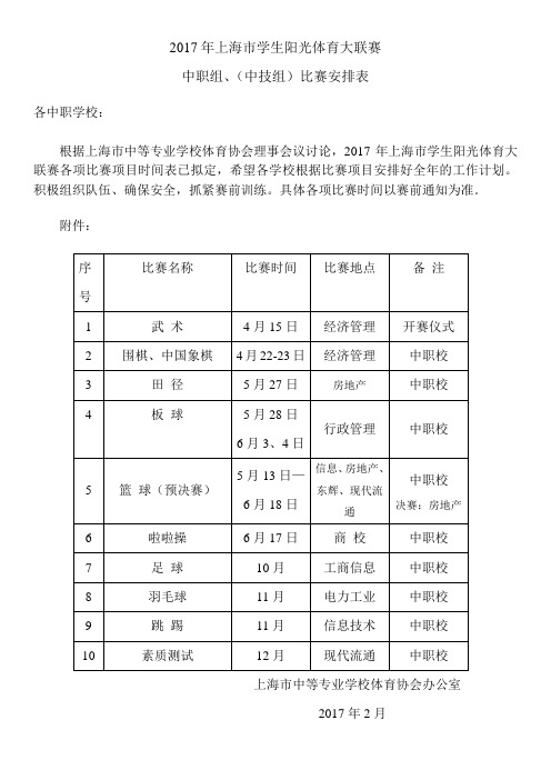 2017年上海市学生阳光体育大联赛