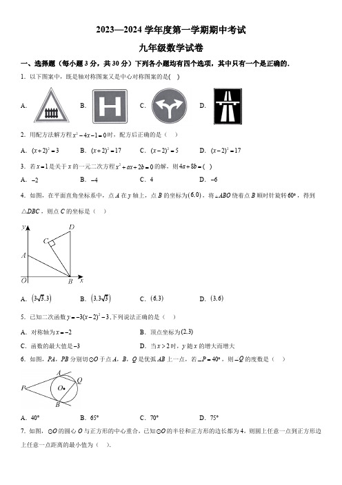 河南省商丘市夏邑县2023-2024学年九年级上册期中数学试题(含解析)