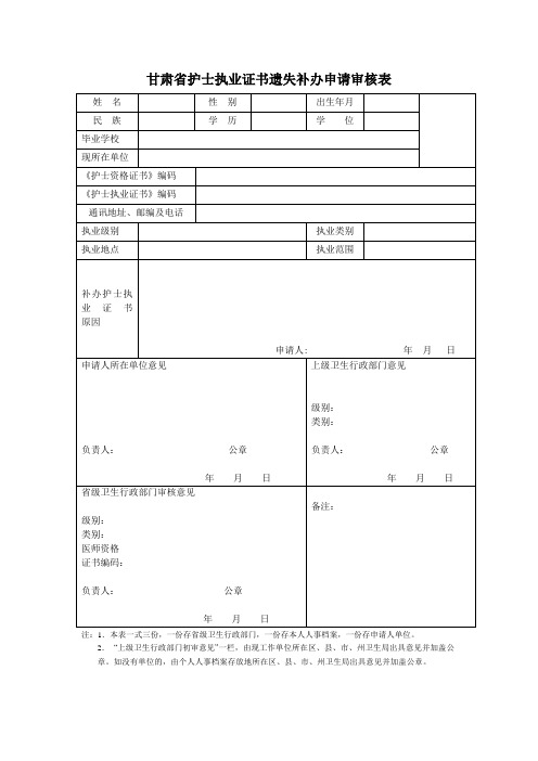 甘肃省护士执业证书遗失补办申请审核表