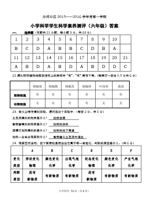 苏教版六年级上册科学素养能力测试答案