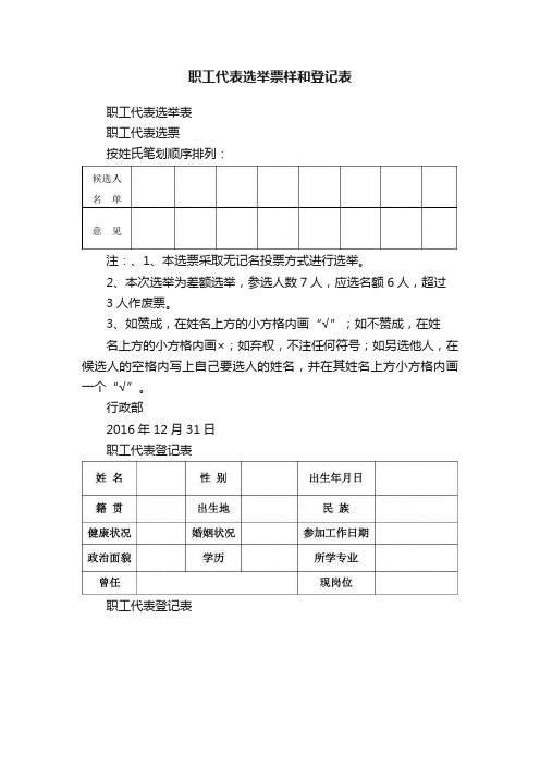 职工代表选举票样和登记表