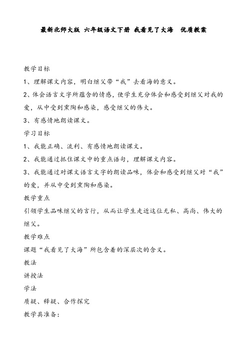 最新北师大版 六年级语文下册 我看见了大海 优质教案